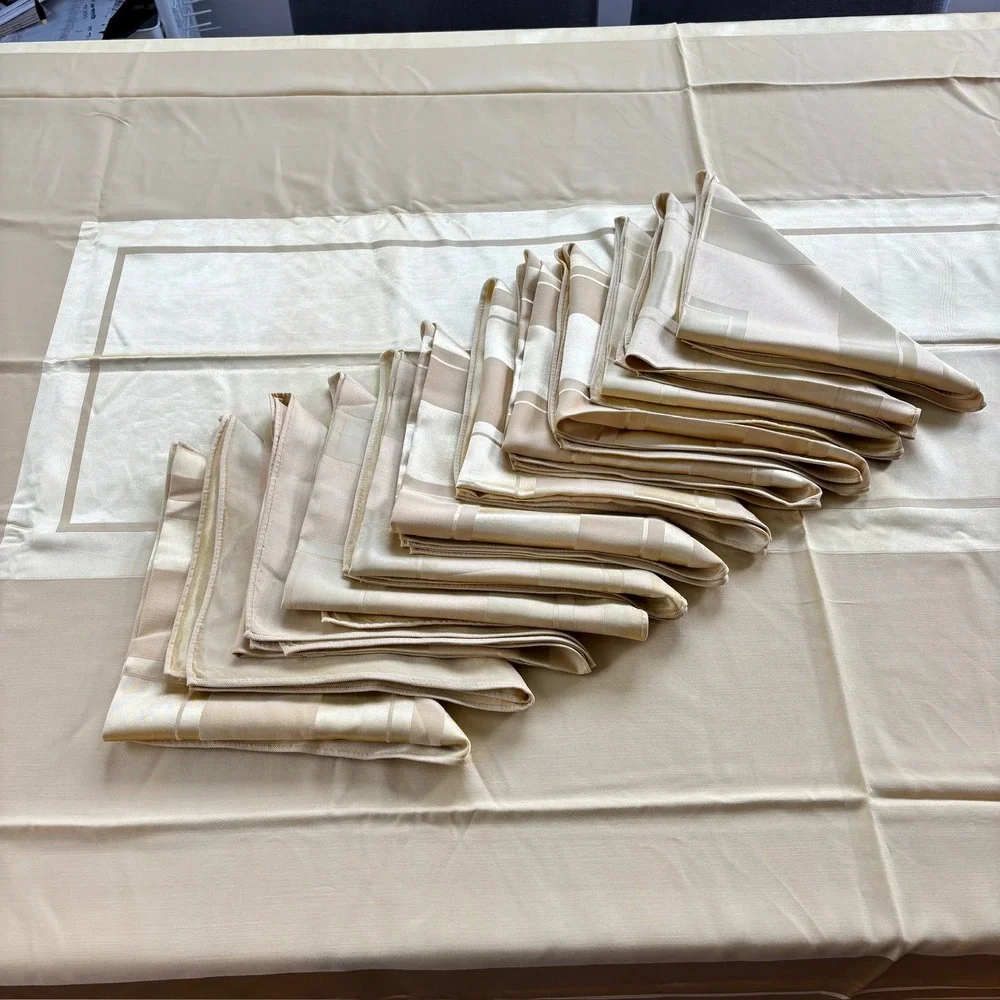 Champagne Gold Satin Stripe Tablecloth and 12 Matching Napkins Dining Set